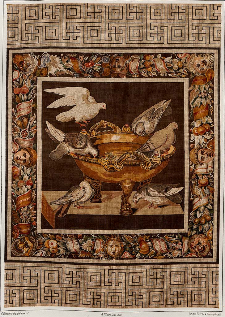 VIII.2.34 Pompeii. Painting by Niccolini, showing central emblema from room ‘n’.
The mosaic threshold, above and below the emblema, are from the tablinum, room ‘m’.
See Niccolini F, 1896. Le case ed i monumenti di Pompei: Volume Quarto. Napoli. Nuovi Scavi, Tav. V.