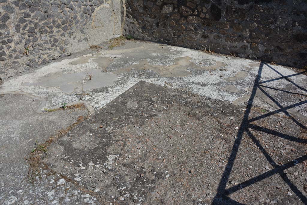 VIII.2.34 Pompeii. September 2019. 
Room ‘n’, decorated white mosaic floor in oecus/triclinium, looking north-east across site of emblema.
Foto Annette Haug, ERC Grant 681269 DÉCOR.