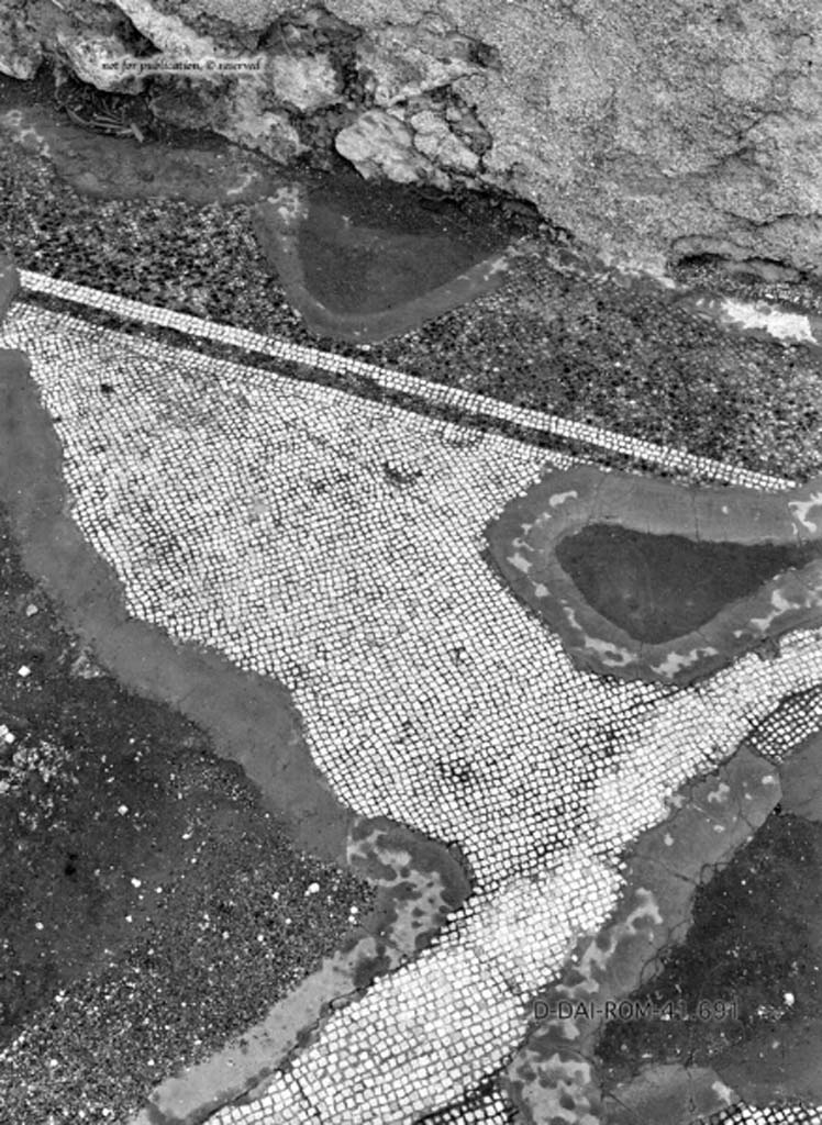 VIII.2.34 Pompeii. c.1930. Triclinium “o” (on west/right of tablinum), white mosaic flooring with black border.
DAIR 41.691. Photo © Deutsches Archäologisches Institut, Abteilung Rom, Arkiv.
See Pernice, E.  1938. Pavimente und Figürliche Mosaiken: Die Hellenistische Kunst in Pompeji, Band VI. Berlin: de Gruyter, (tav. 32.2, above.)
