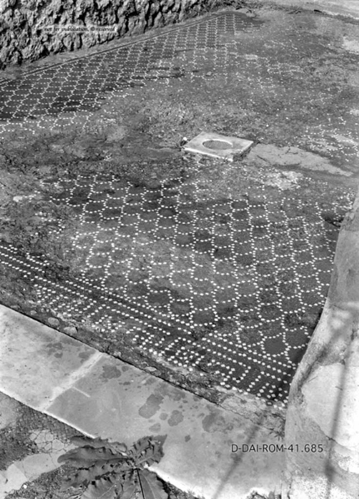 VIII.2.34 Pompeii. c.1930. 
Flooring in entrance corridor,”b”, of cocciopesto consisting of a pattern of scales with the threshold towards the atrium showing a pattern of meanders alternating with squares.
DAIR 41.685. Photo © Deutsches Archäologisches Institut, Abteilung Rom, Arkiv.
See Pernice, E.  1938. Pavimente und Figürliche Mosaiken: Die Hellenistische Kunst in Pompeji, Band VI. Berlin: de Gruyter, (tav. 31.2, above.)