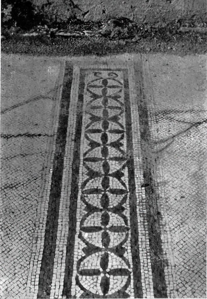 VIII.2.34 Pompeii. c.1930. Room ‘11’, narrow band of black and white mosaic found in a lower room.
See Blake, M., (1930). The pavements of the Roman Buildings of the Republic and Early Empire. Rome, MAAR, 8, (p.108, & Pl.46, tav.7).