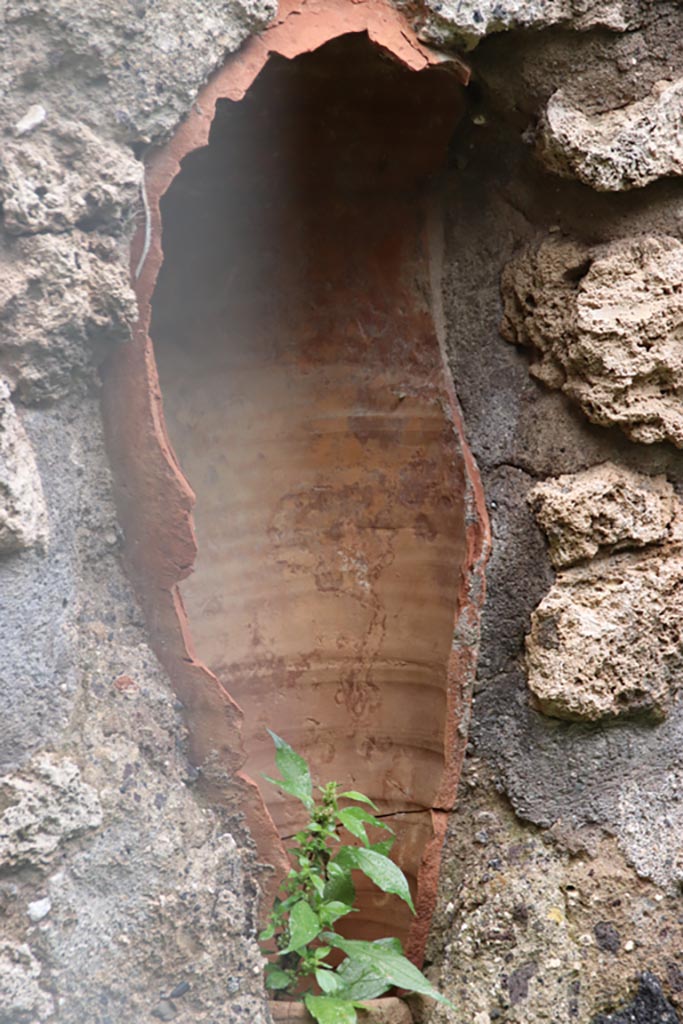 VIII.2.38 Pompeii. May 2024.
East wall with terracotta vessels used as downpipe. Photo courtesy of Klaus Heese.