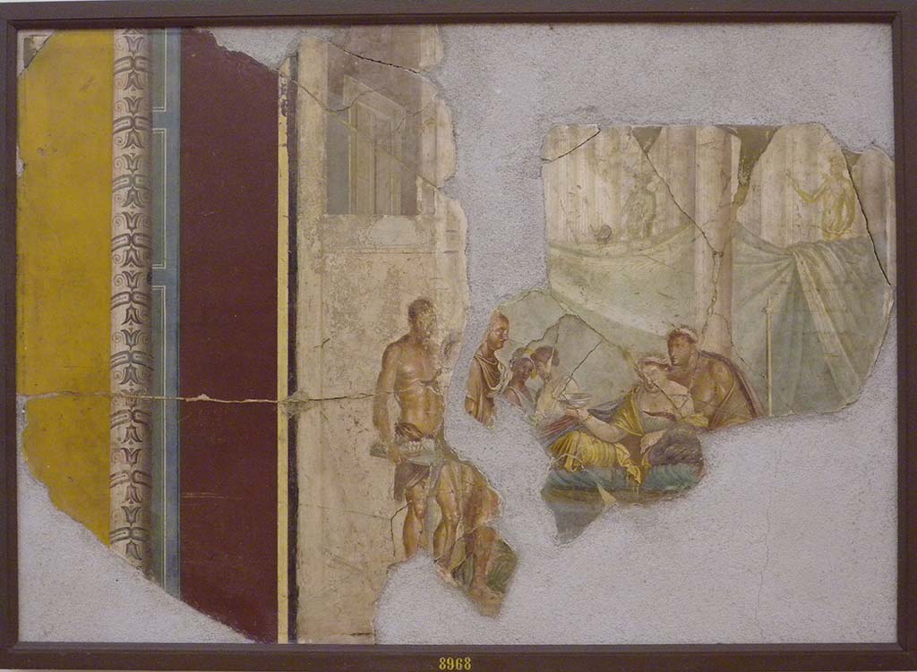 VIII.2.39 Pompeii. Found 22nd July 1769. Wall painting of banquet scene in a colonnaded room.  
Now in Naples Archaeological Museum. Inventory number 8968.
This was previously (apparently wrongly) identified as the death of Sophonisba or as Scipio and Sophonisba.
See Real Museo Borbonico, Vol. 1, Ta XXXIV.
See Helbig, W., 1868. Wandgemälde der vom Vesuv verschütteten Städte Campaniens. Leipzig: Breitkopf und Härtel. (1385)
