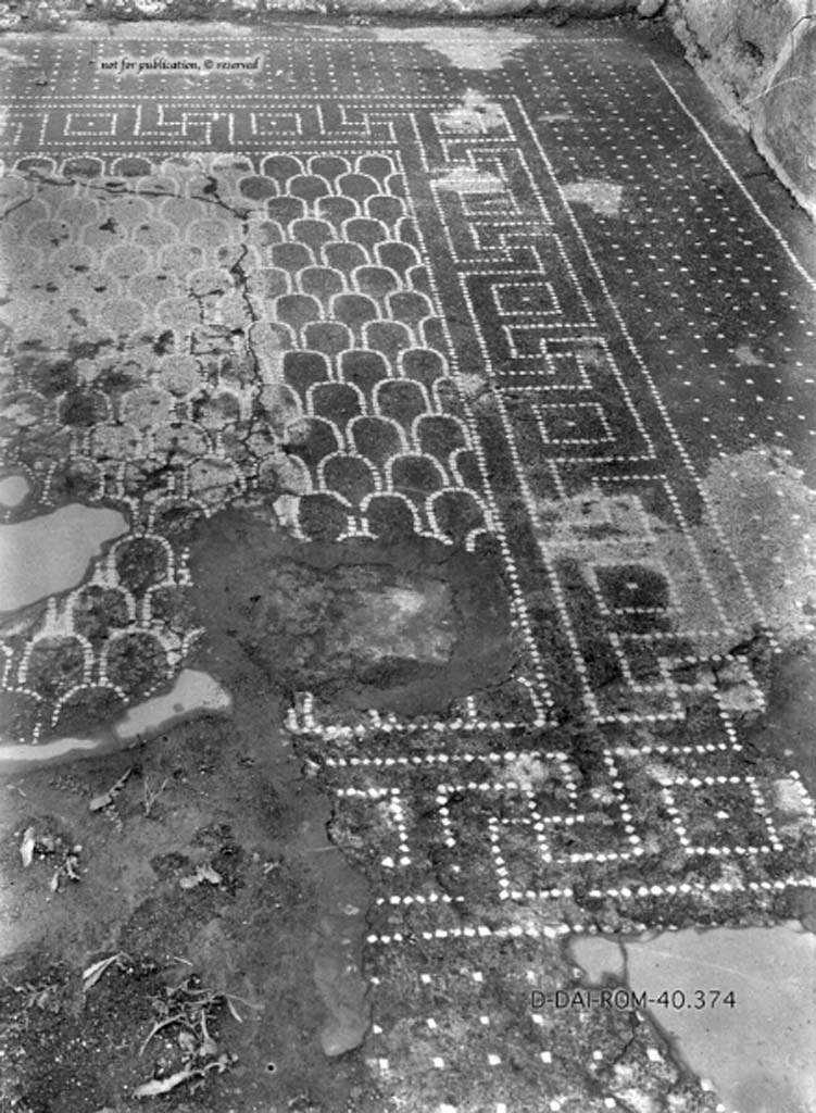 VIII.2.39 Pompeii. c.1930. 
Room c, cubiculum, flooring in cocciopesto with “carpet” of scales edged with alternating meanders and squares, located into the flooring of white tesserae in regular lines.
DAIR 40.374. Photo © Deutsches Archäologisches Institut, Abteilung Rom, Arkiv.
See Pernice, E.  1938. Pavimente und Figürliche Mosaiken: Die Hellenistische Kunst in Pompeji, Band VI. Berlin: de Gruyter, (tav. 12.1, above.)