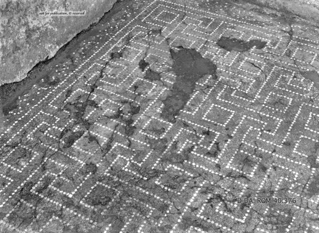 VIII.2.39 Pompeii. c.1930. According to Pernice, this photograph of the flooring is from Cubiculum “f”.
According to PPM, the photograph is from Cubiculum l (L).
Flooring in cocciopesto, in the border are flakes of tesserae, in the “carpet” is a net of meanders and squares with a central black dot.
DAIR 40.376. Photo © Deutsches Archäologisches Institut, Abteilung Rom, Arkiv.
See Pernice, E.  1938. Pavimente und Figürliche Mosaiken: Die Hellenistische Kunst in Pompeji, Band VI. Berlin: de Gruyter, (taf. 12.3)
(This certainly would seem to agree with the floor decoration and damage in the south-west corner of room l (L), so must agree that PPM is correct and Pernice erred. PPM also describe the flooring in cubiculum “f” as seen in the photo above this one, taken by Annette Haug. 
Thanks to Annette Haug for spotting the differences, and the identification.)