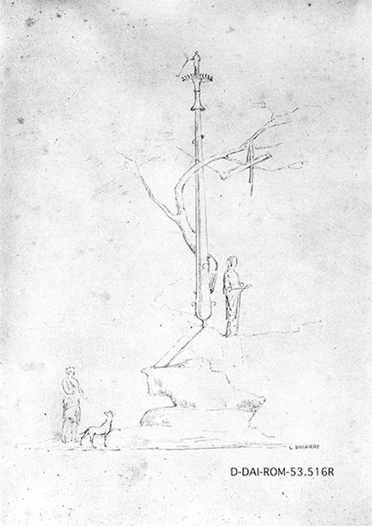 VIII.2.39 Pompeii. Room r, tablinum west wall, central panel. 19th century drawing by G Discanno.
A column is surmounted by a small herm. The sparse fronds of a tree surround it and from the branches hang objects.  
On the right there is a female statue that holds something between the raised hands.
From the left comes a man preceded by a dog.
DAIR 53.516. Photo © Deutsches Archäologisches Institut, Abteilung Rom, Arkiv. 
See Carratelli, G. P., 1990-2003. Pompei: Pitture e Mosaici: Vol. VIII. Roma: Istituto della enciclopedia italiana, p. 333.