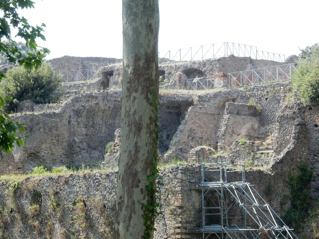 VIII.2.39 Pompeii. June 2019. Looking west towards first lower floor rooms, in centre behind tree.
At the rear, on the upper remaining floor would be the rooms of VIII.2.37.  Photo courtesy of Buzz Ferebee.