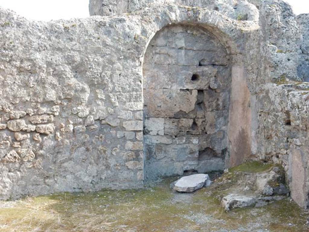 VIII.3.3 Pompeii. May 2015. Looking towards the south-west corner, recess with latrine under the stairs.  Photo courtesy of Buzz Ferebee.