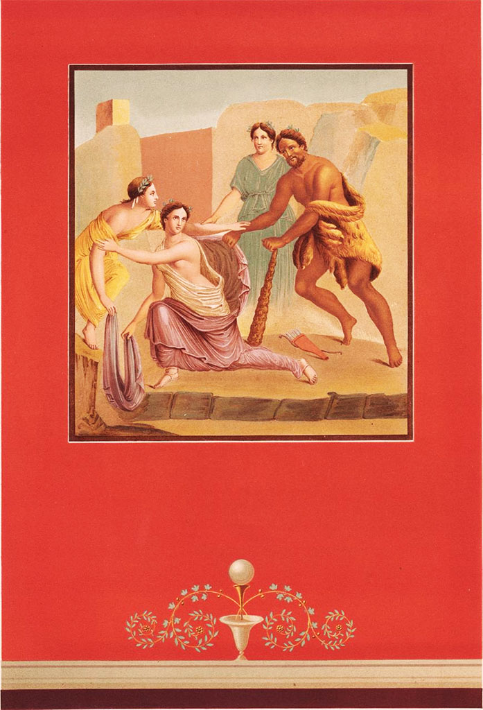 VIII.3.4 Pompeii. Pre-1846. 
Reproduction painting of Hercules and Iole, as painted by Raoul Rochette.
Described as found in a house next to that called “School of Verna” and it decorated a wall in one of the rooms situated to the right of the peristyle, at the rear of this house, which was of little importance. 
(Note 7: See the detail given on this painting, at the moment when it came to be discovered, by M. le D. Schulz, in “Bullet. Archeolog”, 1841, (p.119-120).
See Raoul-Rochette, M., 1846. Choix de Peintures de Pompei, (pl. 7 and p.92-93).