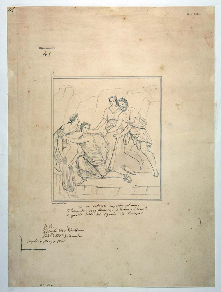 VIII.3.4 Pompeii. Drawing by Giuseppe Abbate, 1840, of painting of Hercules and Auge, which gave the house its name.
When found, it was in a bad condition.
According to the note below the drawing, it was from a cubiculum found in the month of December 1839.
This room was on the west side of the peristyle. 
See Helbig, W., 1868. Wandgemälde der vom Vesuv verschütteten Städte Campaniens. Leipzig: Breitkopf und Härtel, (1142). 
Now in Naples Archaeological Museum. Inventory number ADS 812.
Photo © ICCD. http://www.catalogo.beniculturali.it
Utilizzabili alle condizioni della licenza Attribuzione - Non commerciale - Condividi allo stesso modo 2.5 Italia (CC BY-NC-SA 2.5 IT)