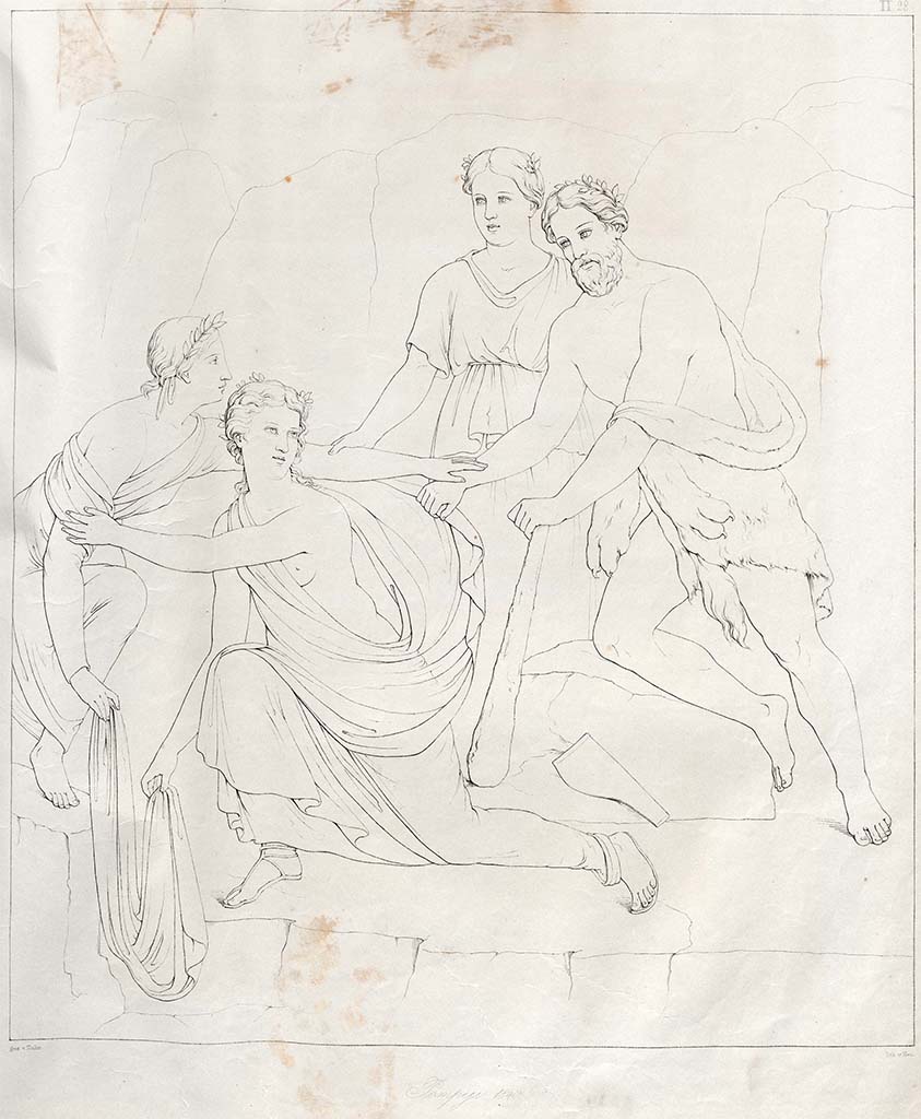 VIII.3.4 Pompeii. 1840. Drawing by Zahn of painting of Hercules and Iole. 
According to Zahn, this was provenanced from a small chamber at the rear of the Casa del Cignale, whereas according to the note on the Abbate drawing (above) it was found in this house (VIII.3.4), on the west side of the peristyle, and gave the house its name.
See Zahn, W., 1842-44. Die schönsten Ornamente und merkwürdigsten Gemälde aus Pompeji, Herkulanum und Stabiae: II. Berlin: Reimer, taf. 28.
