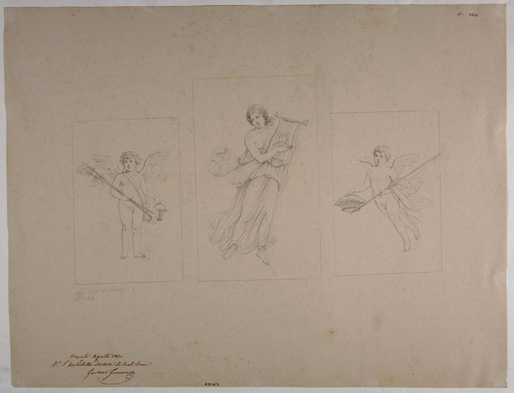 VIII.3.4 Pompeii. Drawing by Nicola La Volpe, 1860, of three more figures probably found in the same unknown room, if not from the same wall.
Now in Naples Archaeological Museum. Inventory number ADS 813.
Photo © ICCD. http://www.catalogo.beniculturali.it
Utilizzabili alle condizioni della licenza Attribuzione - Non commerciale - Condividi allo stesso modo 2.5 Italia (CC BY-NC-SA 2.5 IT)