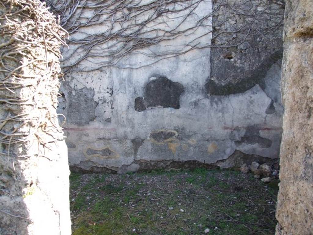 VIII.3.4 Pompeii. March 2009. Room 2, east wall of cubiculum, with painted plaster.
This room might have contained the wall painting of Dionysus & Silenus, 
See Helbig, W., 1868. Wandgemälde der vom Vesuv verschütteten Städte Campaniens. Leipzig: Breitkopf und Härtel, (395b).
According to Fiorelli,
“.... e nel secondo (cubicoli) oltre alcuni bustini rinchiusi da circoli, un quadretto esprimente Bacco poggiato alle spalle di Sileno; che suona la lira, in atto di versare con l’altro mano il cantaro sulla pantera che gli sta ai piedi.”
(trans: and in the second (cubiculum on the left of the atrium) other than some heads enclosed by circles, a painting showing Bacchus leaning on the shoulder of Silenus; who plays the lyre, in the attitude of pouring with the other hand the cantharus onto the panther who is at his feet.)
See Pappalardo, U., 2001. La Descrizione di Pompei per Giuseppe Fiorelli (1875). Napoli: Massa Editore. (p.123)
According to PPM, the painting of Dionysus & Silenus was found in the atrium, but today, has faded and disappeared from the walls.
It has been wrongly identified with a painting in Helbig (H,395b) in which Silenus was described as seen playing a tambourine.
Whereas Schultz affirms that in the painting Silenus was playing the lyre.
See Carratelli, G. P., 1990-2003. Pompei: Pitture e Mosaici: Vol. VIII. Roma: Istituto della enciclopedia italiana, (p.357).
See Annali dell'instituto di corrispondenza archeologica (DAIR), 1838, Schultz, p.201
See Bullettino dell’Instituto di Corrispondenza Archeologica (DAIR), 1841, Schultz, p.119-120.