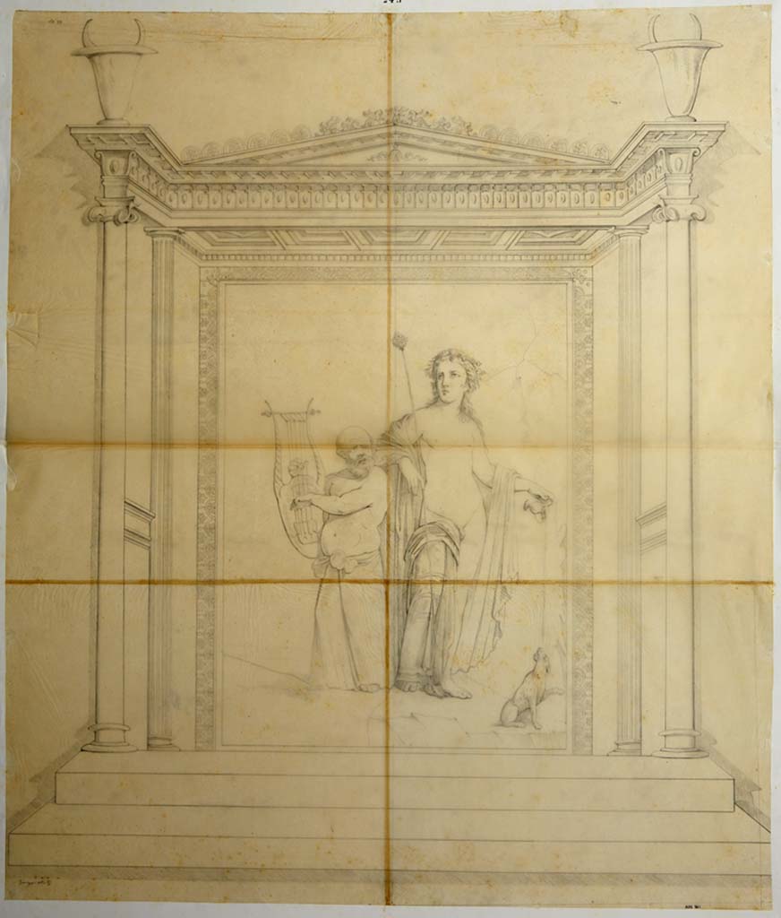 VIII.3.4 Pompeii. Drawing by Giuseppe Abbate of painting of Bacchus with Silenus playing the lyre.
According to the ICCD scheda for this drawing it is from VIII.3.2 and was cut out and is now in Naples Museum (9269).
The drawing in the centre is however reversed from ADS 862.
Now in Naples Archaeological Museum. Inventory number ADS 861.
Photo © ICCD. http://www.catalogo.beniculturali.it
Utilizzabili alle condizioni della licenza Attribuzione - Non commerciale - Condividi allo stesso modo 2.5 Italia (CC BY-NC-SA 2.5 IT)