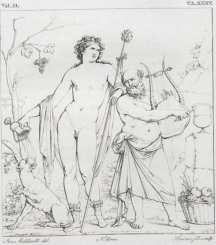 VIII.3.4 Pompeii. 1825. Drawing by Maldarelli of painting of Bacchus with Silenus playing the lyre.
See Real Museo Borbonico Vol. II, 1825, Tav. XXXV.
This drawing was reproduced by Roux in 1840 (and 1870).
See Roux, H., 1840. Herculanem et Pompei recueil général des Peintures, Bronzes, Mosaïques : Tome 3. Paris : Didot.  Pl. 112.
