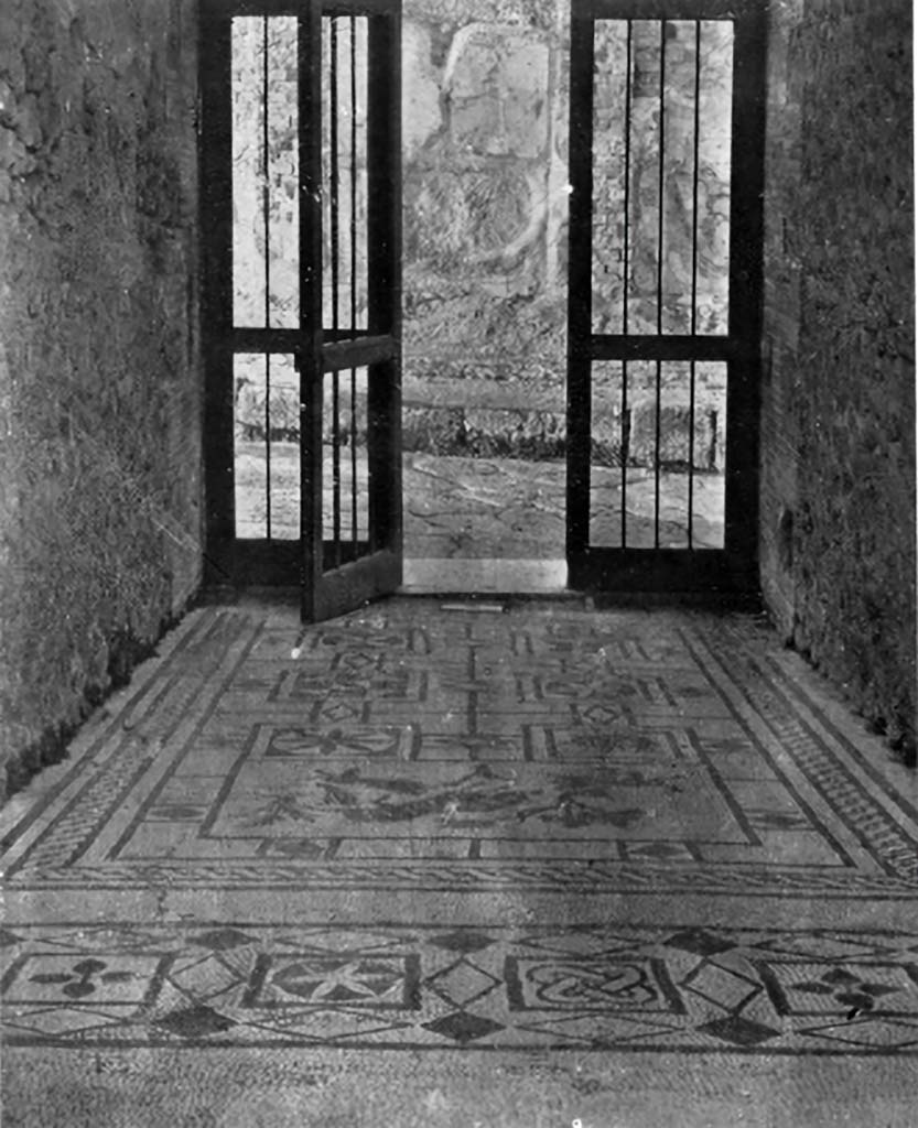 VIII.3.8 Pompeii. c.1930. Looking north along mosaic in entrance corridor towards entrance doorway.
See Blake, M., (1930). The pavements of the Roman Buildings of the Republic and Early Empire. Rome, MAAR, 8, (p.99,103,108,120 & Pl.26, tav.1).