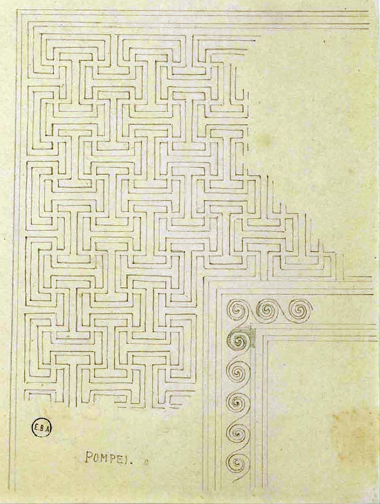 VIII.3.8 Pompeii. Drawing by Lesueur of mosaic flooring and impluvium surround.
See Lesueur, Jean-Baptiste Cicéron. Voyage en Italie de Jean-Baptiste Cicéron Lesueur (1794-1883), pl. 40.
See Book on INHA référence INHA NUM PC 15469 (04)  « Licence Ouverte / Open Licence » Etalab