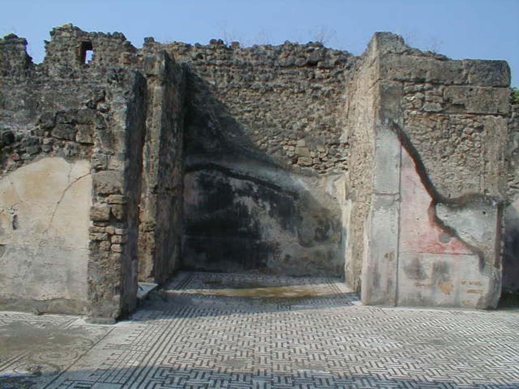 VIII.3.8 Pompeii. September 2004. Looking west towards ala on west side of atrium.
The floor of the ala was of black and white mosaic, similar to that of the atrium, but separated by a threshold (of meander of double T’s).
The carpet of the mosaic was ornamented with a net of hexagons and rectangles, whereas the border was a row of black squares. 
On the left is the entrance to the tablinum, and the doorway to an oecus.
On the left of the atrium mosaic, the decoration of castellated towers can be seen.