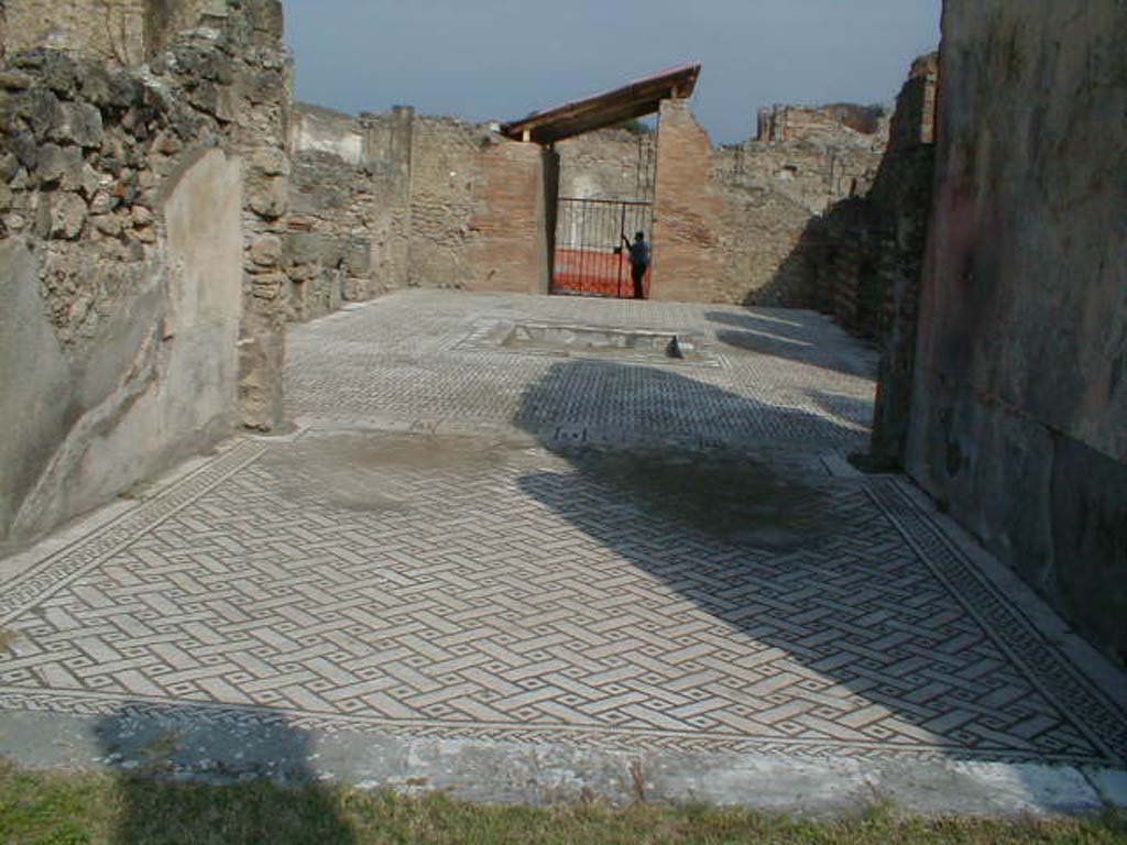 VIII.3.8 Pompeii. September 2004. Looking north across mosaic floors in tablinum and atrium towards entrance.
The black and white mosaic floor of the tablinum showed a carpet style of squares and rectangles.
The threshold between the tablinum and atrium was of a plant decoration, consisting of a central head of acanthus with tendrils. 
The tablinum was completely open onto the atrium and the peristyle.
In the centre of east wall of the tablinum, but now lost, was seen a painting of Mars and Venus.
The zoccolo was painted red, and the middle zone was painted yellow with panels separated by narrow compartments.