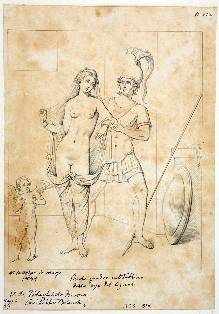 VIII.3.8 Pompeii. Drawing by Nicola La Volpe, March 1839, of painting from east wall of tablinum of Mars and Venus.
See Helbig, W., 1868. Wandgemälde der vom Vesuv verschütteten Städte Campaniens. Leipzig: Breitkopf und Härtel, (326).
Now in Naples Archaeological Museum. Inventory number ADS 816.
Photo © ICCD. http://www.catalogo.beniculturali.it
Utilizzabili alle condizioni della licenza Attribuzione - Non commerciale - Condividi allo stesso modo 2.5 Italia (CC BY-NC-SA 2.5 IT)