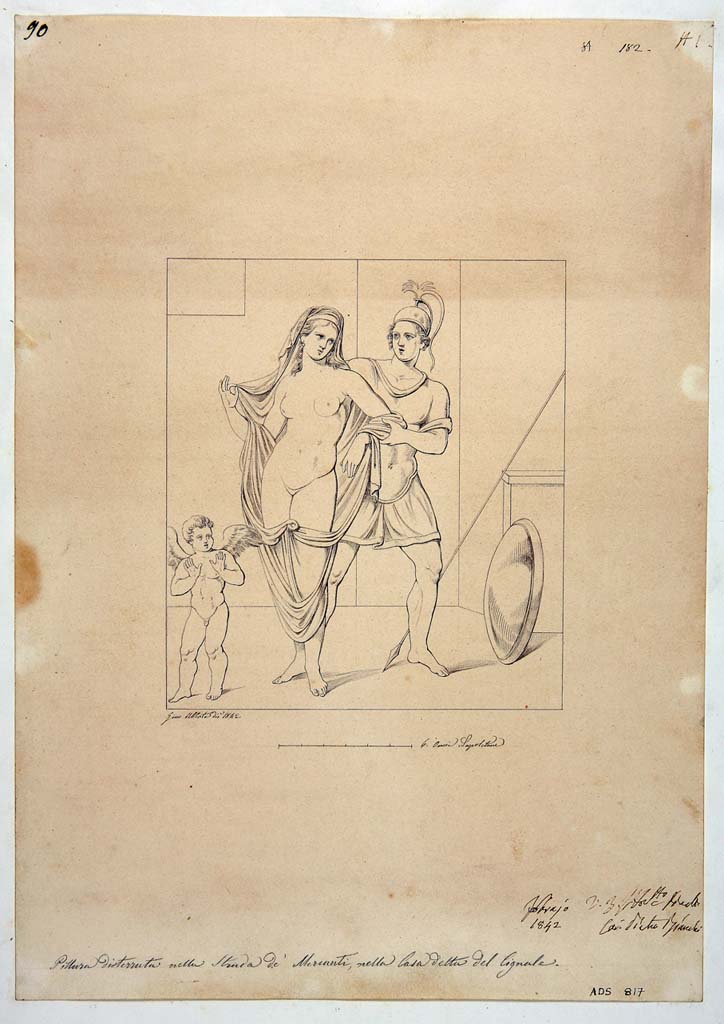 VIII.3.8 Pompeii. One of two nearly identical drawings by Giuseppe Abbate, 1842, of painting of Mars and Venus, from tablinum.
According to Helbig, by 1860 it was already badly preserved and hardly recognisable. (Helbig 326). 
Now in Naples Archaeological Museum. Inventory number ADS 817.
Photo © ICCD. http://www.catalogo.beniculturali.it
Utilizzabili alle condizioni della licenza Attribuzione - Non commerciale - Condividi allo stesso modo 2.5 Italia (CC BY-NC-SA 2.5 IT)