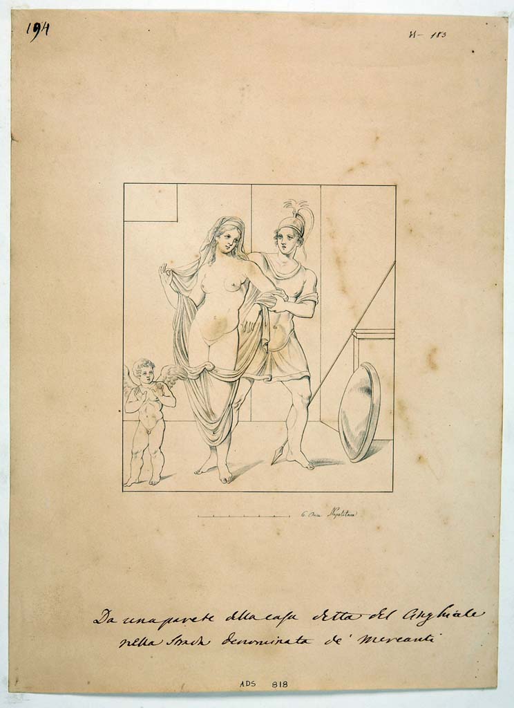 VIII.3.8 Pompeii. Second of two nearly identical drawings by Giuseppe Abbate, 1842, of painting of Mars and Venus, from tablinum.
Now in Naples Archaeological Museum. Inventory number ADS 818.
Photo © ICCD. http://www.catalogo.beniculturali.it
Utilizzabili alle condizioni della licenza Attribuzione - Non commerciale - Condividi allo stesso modo 2.5 Italia (CC BY-NC-SA 2.5 IT)