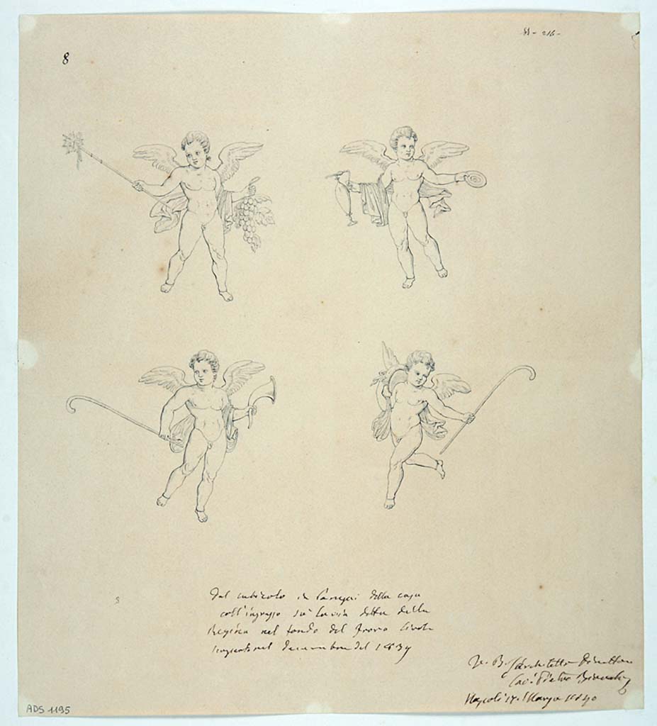 VIII.3.4 Pompeii. Drawing attributed to Giuseppe Abbate of paintings of four cupids, described as from “the cubiculum in the house in Pompeii with entrance on the roadway called “della Regina” at the rear of the Foro Civile discovered in December 1839”.
The location of the original paintings was already lost by Helbig’s time. 
They may or may not be from this house, but Abbate was definitely sketching in the house at this time, 1839/40.
See Helbig, W., 1868. Wandgemälde der vom Vesuv verschütteten Städte Campaniens. Leipzig: Breitkopf und Härtel, (644 and 645).
Now in Naples Archaeological Museum. Inventory number ADS 1195.
Photo © ICCD. http://www.catalogo.beniculturali.it
Utilizzabili alle condizioni della licenza Attribuzione - Non commerciale - Condividi allo stesso modo 2.5 Italia (CC BY-NC-SA 2.5 IT)