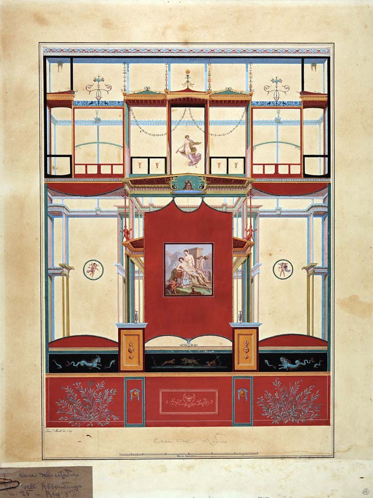 VIII.3.12 Pompeii. 
Painting by Francesco Morelli, of a wall with central painting of Venus and Adonis (Helbig 336).
Now in Naples Archaeological Museum. Inventory number ADS 886.
Photo © ICCD. https://www.catalogo.beniculturali.it
Utilizzabili alle condizioni della licenza Attribuzione - Non commerciale - Condividi allo stesso modo 2.5 Italia (CC BY-NC-SA 2.5 IT)
