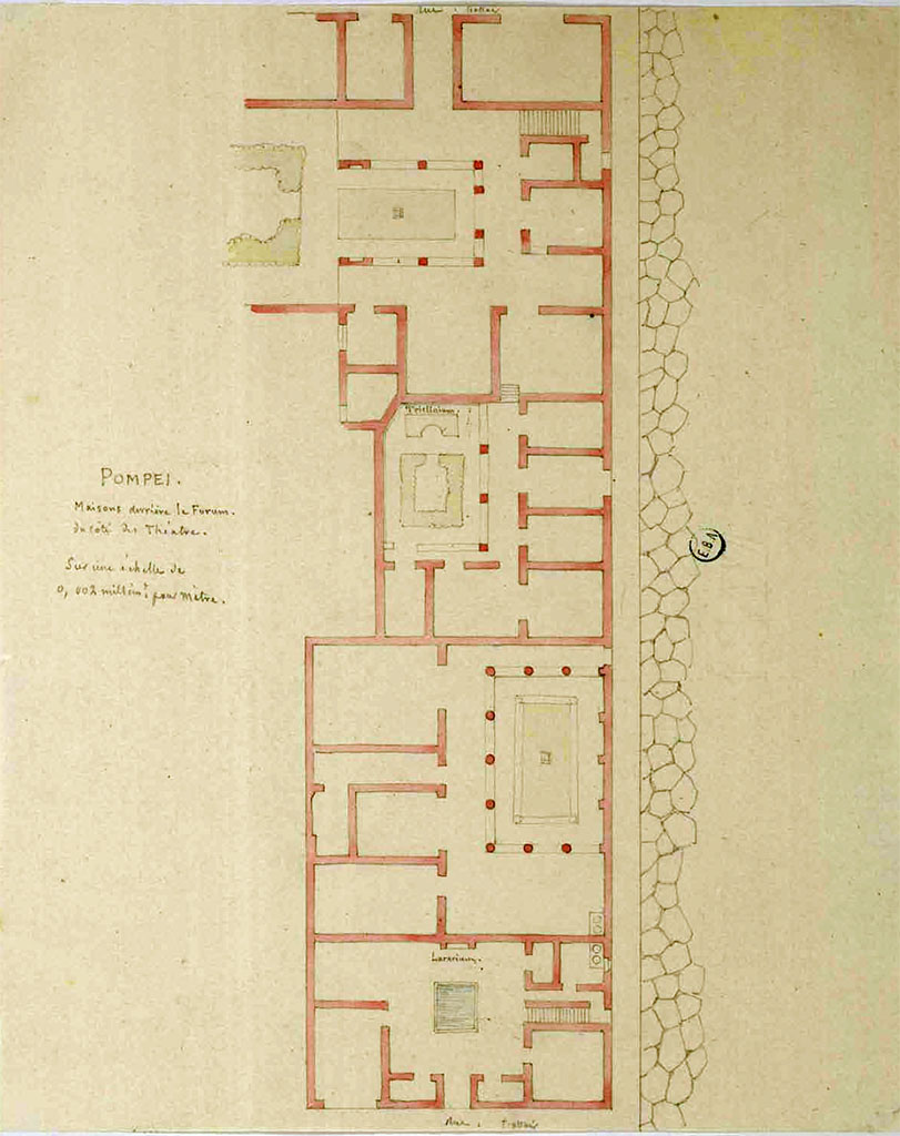 VIII.3.14 Pompeii. Entrance doorway at top, including (lower) VIII.3.16, 17 and 18.
Note on painting: Pompéi, maisons derrière le Forum, du côté des théâtres.
See Lesueur, Jean-Baptiste Ciceron. Voyage en Italie de Jean-Baptiste Ciceron Lesueur (1794-1883), pl. 7.
See Book on INHA reference INHA NUM PC 15469 (04)  « Licence Ouverte / Open Licence » Etalab