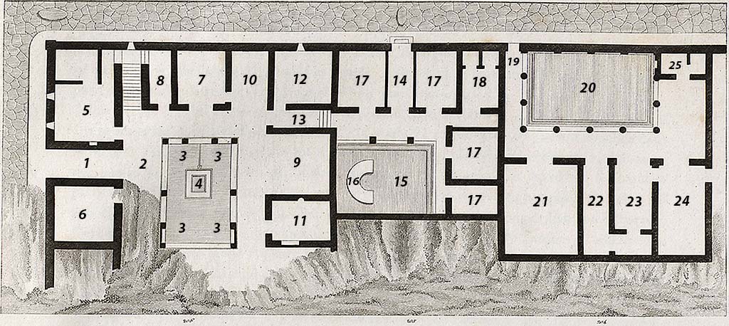 VIII.3.14 Pompeii, on left, linked by steps with VII.3.15, in centre. pre-1824. 
Plan by Mazois of area on south side of Insula 3, in Reg. VIII. North is at the bottom on this plan.
On the right of the plan, with the entrance at 19, (now numbered VIII.3.16) Mazois describes the peristyle area of the house linked to VIII.3.18.
See Mazois, F., 1824. Les Ruines de Pompei : Second Partie. Paris : Firmin Didot, p. 50 pl. XII, fig. I.