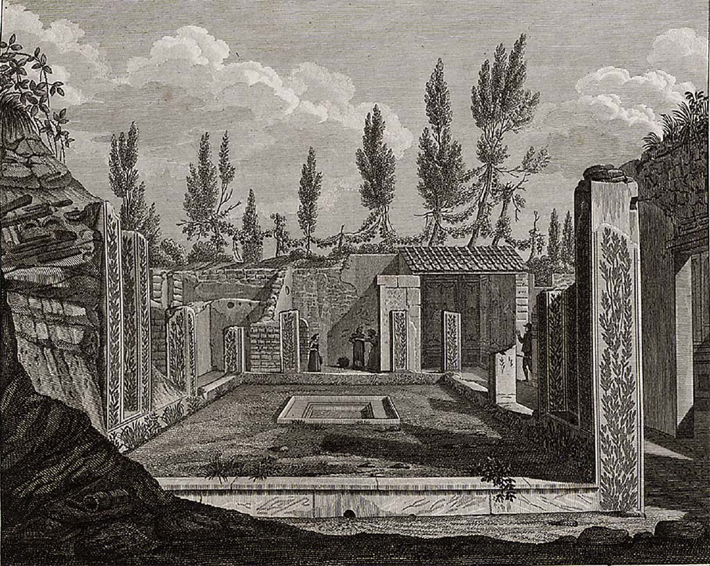 VIII.3.14 Pompeii. pre-1824. Drawing by Mazois, looking south across Corinthian atrium in its actual state.
At the south end (with the figures) would be the oecus 7, and next to it on right the ala 10, with well decorated walls.
On the right is the doorway to the cubiculum/lararium 11. 
Next to that, but out of sight, is the tablinum 9 and beyond that, where the single figure is standing, is corridor 13 which links to the next house.
See Mazois, F., 1824. Les Ruines de Pompei : Second Partie. Paris : Firmin Didot, p. 50 pl. XII, fig. III.
