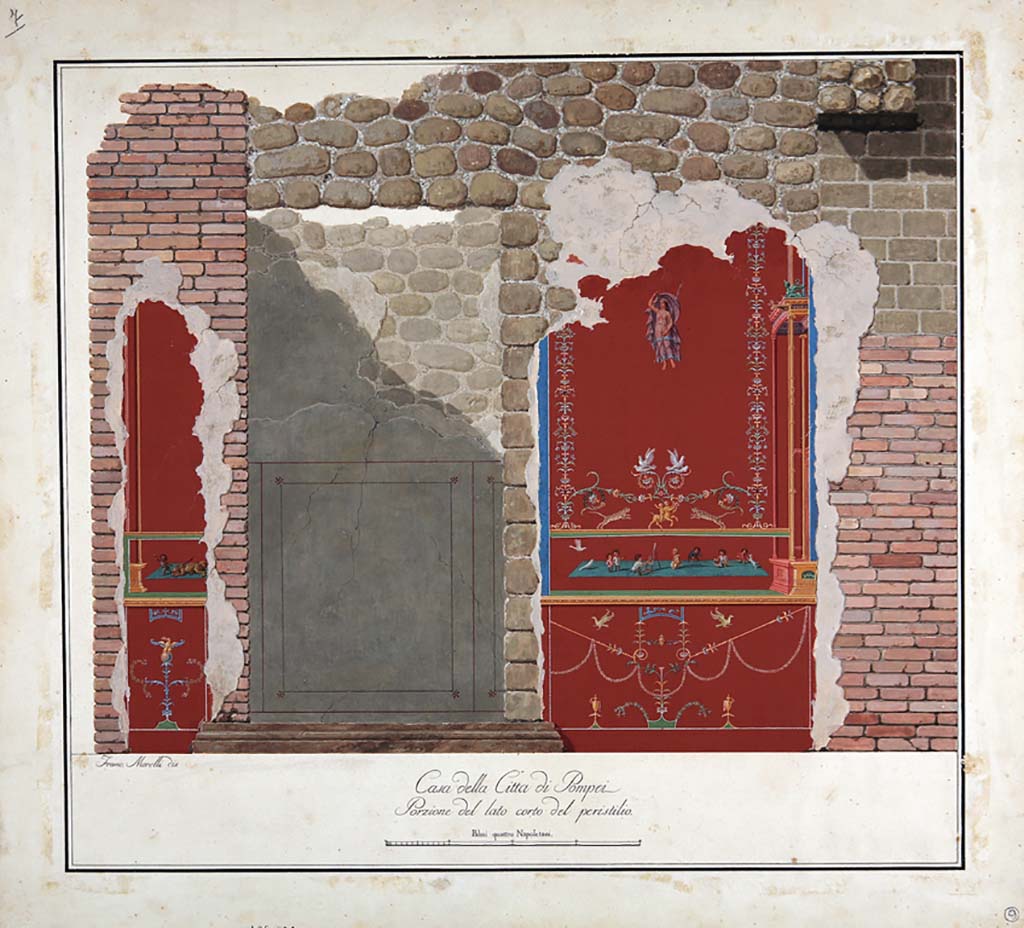 VIII.3.14 Pompeii. C. 1806. Painting by F. Morelli of a wall in the atrium.
On the left is a pygmy hunting a lion. On the right is a pygmy painter, Helbig 1537.
See Carratelli, G. P., 1990-2003. Pompei: Pitture e Mosaici: vol. VIII.  Roma: Istituto della enciclopedia italiana, p. 398.
See Helbig, W., 1868. Wandgemälde der vom Vesuv verschütteten Städte Campaniens. Leipzig: Breitkopf und Härtel, 1537.
Now in Naples Archaeological Museum. Inventory number ADS 820.
Photo © ICCD. http://www.catalogo.beniculturali.it
Utilizzabili alle condizioni della licenza Attribuzione - Non commerciale - Condividi allo stesso modo 2.5 Italia (CC BY-NC-SA 2.5 IT)