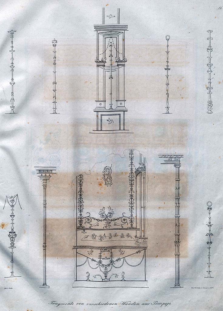 VIII.3.14 Pompeii. Not dated but pre-1828. Drawings by Zahn of fragments of paintings, taken from various walls in Pompeii.
The central lower drawing is of a wall in the atrium/short wall of the peristyle showing the predella with the pygmy painter, as painted by Morelli, above.
See Zahn, W., 1828-29. Die schönsten Ornamente und merkwürdigsten Gemälde aus Pompeji, Herkulanum und Stabiae: I. Berlin: Reimer, taf. 86.