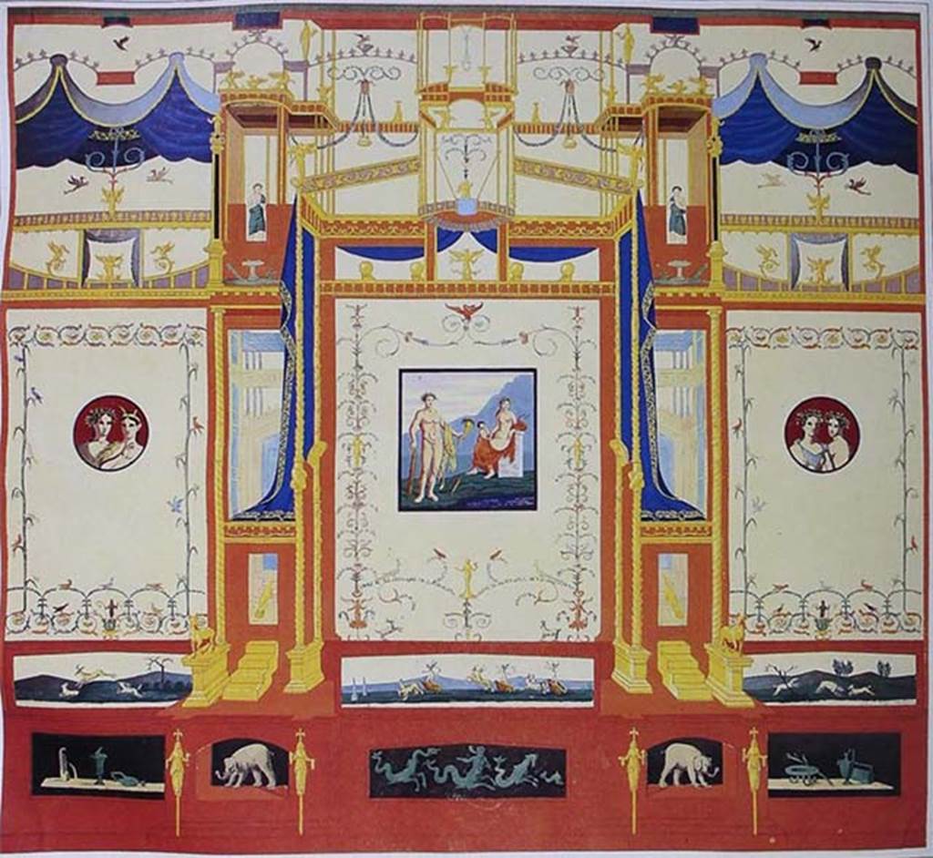 VIII.3.14 Pompeii. Nineteenth-century painting of architectural scene on “long side” in left Ala. 
According to PPM, this painting, which was traditionally recognized as a wall from VIII.2.39 must now be identified as a wall (either east or west) of the ala of VIII.3.14.
According to Eristov this is from the north wall.
See Eristov, H., 1993, in Functional and Spatial Analysis of Wall painting. Leiden, pp. 189-192. 
According to Ornati, the decoration was from one of the side walls (east or west) as is apparent, in addition to the observation of the remains in situ, from the caption attached to the table in Ornati that specified that it was the 'long side' the room.
On the base are paintings of vessels, two elephants, and sea animals.
In the predella are hunt scenes and cupids driving chariots. 
In the centre is a painting of Hercules after the victory over Achelous for the hand of Deianeira.
Right is a medallion of a faun and bacchante. 
Left is a medallion of two lovely followers of the gods of harvest.
See Carratelli, G. P., 1990-2003. Pompei: Pitture e Mosaici: Vol. VIII.  Roma: Istituto della enciclopedia italiana, p. 402. 
See Gli ornati delle pareti ed i pavimenti delle stanze dell'antica Pompei incisi in rame: 1808, tav. 51 or 1838, tav. 8.
See Helbig, W., 1868. Wandgemälde der vom Vesuv verschütteten Städte Campaniens. Leipzig: Breitkopf und Härtel, 1521, 1522, 789, 1150, 1191, 557, 1421.
See D’Amelio P., 1888. Dipinti murali scelti di Pompei. Napoli: Richter, tav. IX.