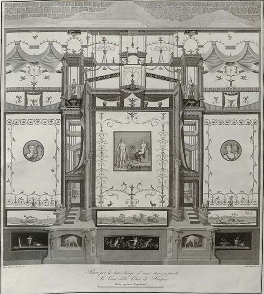 VIII.3.14 Pompeii. Painting dated 1805 by G. Chiantarelli of architectural scene on “long side” in left Ala. 
According to Eristov this is from the north wall.
The wall system that can be guessed on the back wall (north) corresponds, with a few variations, to that given in the engravings; it differs by the absence of escapement (the wall is shorter) and a hanging double festoon above the lateral fields.
« Le système pariétal que l'on devine sur le mur du fond (nord) correspond, à quelques variantes près, à celui que donnent les gravures; il en diffère par l'absence d'échappées (le mur est moins long)  et par une tenture à double feston au-dessus des champs latéraux. »
According to Ornati, it is a very valuable wall from the Casa del Cortile tetrastilo di Pompei.
It is however the example used for comparison of the north wall of VIII.3.14 by Eristov in fig. 7.
See Gli ornati delle pareti ed i pavimenti delle stanze dell'antica Pompei incisi in rame: 1808, tav. 51 or 1838, indice 8, tav. 8.
See Eristov, H., 1993, in Functional and Spatial Analysis of Wall painting. Leiden, pp. 189-192, figs. 6-7.