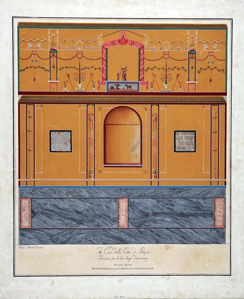 VIII.3.14 Pompeii. 1806 painting by F. Morelli of south wall with niche.
See Carratelli, G. P., 1990-2003. Pompei: Pitture e Mosaici: Vol. VIII. Roma: Istituto della enciclopedia italiana, p. 407, fig. 21. 
Now in Naples Archaeological Museum. Inventory number ADS 827.
Photo © ICCD. https://www.catalogo.beniculturali.it/
Utilizzabili alle condizioni della licenza Attribuzione - Non commerciale - Condividi allo stesso modo 2.5 Italia (CC BY-NC-SA 2.5 IT)
Kuivalainen describes the upper south wall as showing –
A composition of three figures inside a draped frame, standing on a podium decorated with a still-life with a goat, a jug, a stemmed large bowl with fruit, and a capsa with writing equipment. On the left, a small faun with hoofs tries to catch a bunch of grapes held by the almost naked youth in the middle. On his back he wears a cloak reaching down to his knees. Partly overlapping him is a robed female figure on his left, seen in side view; in her left hand she holds a thyrsus with long ribbons.
On both sides, cupids harvesting with ladders, garlands, masks and birds.
Kuivalainen comments –
A naked young Bacchus holding grapes in his right hand appears from time to time in Pompeian wall paintings. Here, they are linked to the activity performed by the cupids. The scene imitates a theatre, and the goat in the sockle is one of the characteristic animals of Bacchus.
See Kuivalainen, I., 2021. The Portrayal of Pompeian Bacchus. Commentationes Humanarum Litterarum 140. Helsinki: Finnish Society of Sciences and Letters, (F18, p.173).
