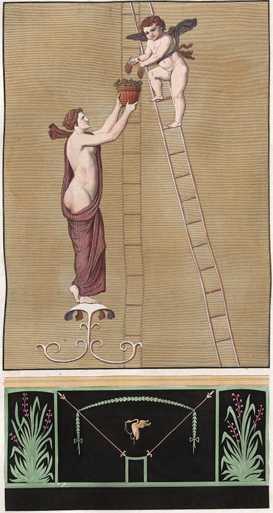 VIII.3.14 Pompeii. Upper south wall of cubiculum.
Painting by Mazois showing a Cupid on a ladder placing grapes into a bucket held by a young girl. 
The lower painting from a zoccolo, may or may not be from this house.
See Mazois, F., 1838. Les Ruines de Pompei : Quatrième Partie. Paris : Didot Frères, (vol.4, 1838, Pl.1.)
Mazois died in 1826, and this volume IV was published in 1838.
In the description of this painting called “La Vendange” (The Harvest) – it says –
“Mazois did not leave any note to indicate the place where he had found this wall painting, and the collections that we have consulted have not been able to give us any information in this regard.
But Mazois formally intended this first plate to be placed before the views of the Greek temple and the puteal. (Pl. II, fig, I and II).”