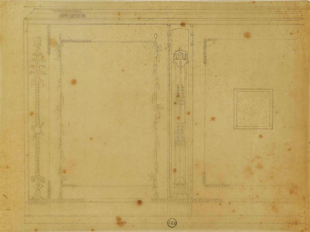 VIII.3.14 Pompeii. Undated sketch by J.B.C Lesueur of part of west wall of cubiculum, showing three masks on top of the painted candelabra.
See Lesueur, Jean-Baptiste Ciceron. Voyage en Italie de Jean-Baptiste Ciceron Lesueur (1794-1883), pl. 97.
See Book on INHA reference INHA NUM PC 15469 (04)  « Licence Ouverte / Open Licence » Etalab