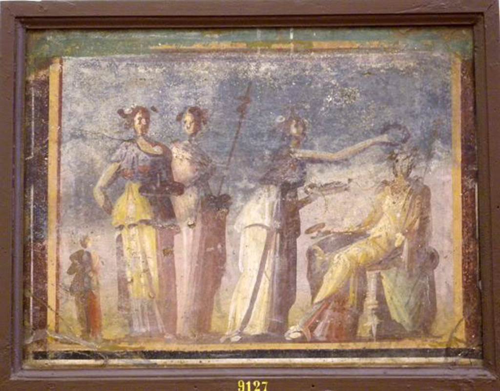 VIII.3.14 Pompeii. Found 20-29 October 1763. Nymphs crowning a seated figure in a Bacchic rite.
Now in Naples Archaeological Museum. Inventory number 9127.
This painting and inventory number 8846 were found on two walls in the same room.
See Antichità di Ercolano: Tomo Setto: Le Pitture 5, 1779, p.217-221, pl.50.