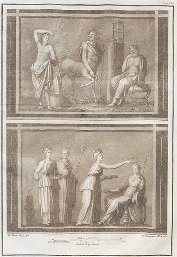 VI.17.9-10 Pompeii. Found 20-29 October 1763. 
The above two paintings were found on two walls in the same room.
See Antichità di Ercolano: Tomo Setto: Le Pitture 5, 1779, p.217-221, pl.50.