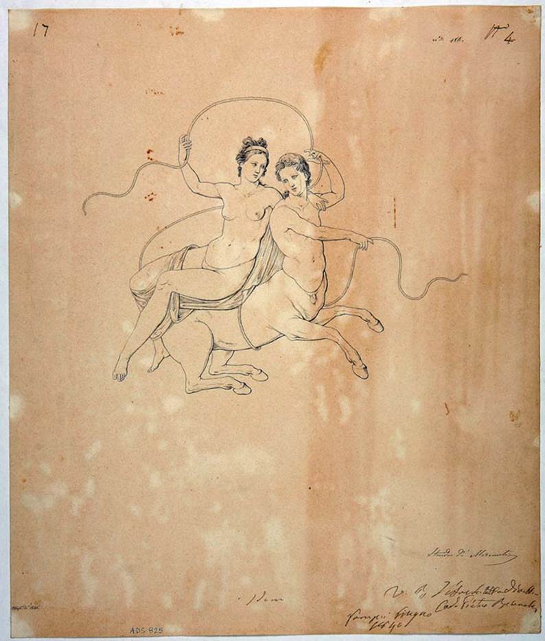 VIII.3.14 Pompeii. Drawing by Giuseppe Abbate, 1840, of centaurs seen above the predella in a panel on a wall of the corridor leading from atrium to peristyle.
See Helbig, W., 1868. Wandgemälde der vom Vesuv verschütteten Städte Campaniens. Leipzig: Breitkopf und Härtel, (Helbig 503). 
Now in Naples Archaeological Museum. Inventory number ADS 825.
Photo © ICCD. http://www.catalogo.beniculturali.it
Utilizzabili alle condizioni della licenza Attribuzione - Non commerciale - Condividi allo stesso modo 2.5 Italia (CC BY-NC-SA 2.5 IT)