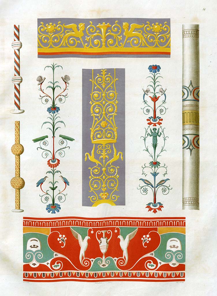 VIII.3.14 Pompeii. Pre-1828. Paintings by Zahn, according to him – 
The two decorations with different colours, see Pl.57 and an entire wall in Pl. 89 are from this house.
The two decorations on the blue background are from VI.1.7.
The bottom decorations are in Naples Museum.
The columns are from near the Herculaneum Gate.
See Zahn, W., 1828. Die schönsten Ornamente und merkwürdigsten Gemälde aus Pompeji, Herkulanum und Stabiae: I. Berlin: Reimer, taf. 81.