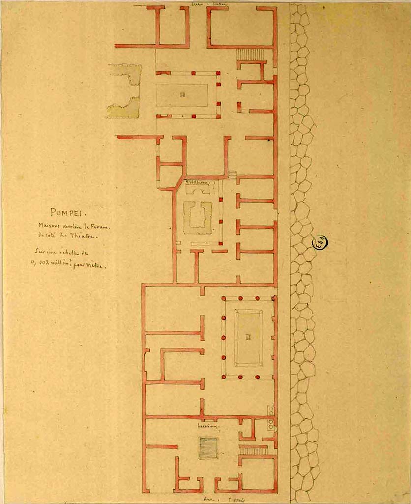 VIII.3.17 Pompeii. Entrance doorway on the lower right in Vicolo della Regina.
See Lesueur, Jean-Baptiste Ciceron. Voyage en Italie de Jean-Baptiste Ciceron Lesueur (1794-1883), pl. 7.
See Book on INHA reference INHA NUM PC 15469 (04)  « Licence Ouverte / Open Licence » Etalab