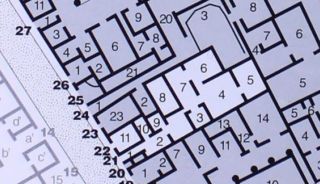 VIII.3.21 Pompeii. Plan of ground floor.
See Carratelli, G. P., 1990-2003. Pompei: Pitture e Mosaici: Vol. VIII. Roma: Istituto della enciclopedia italiana, p. 414.