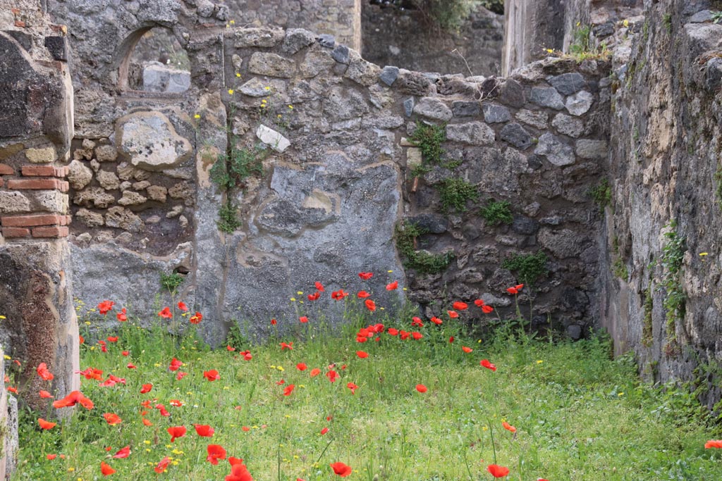VIII.3.21 Pompeii. May 2024. Detail of wall at east end of entrance corridor. Photo courtesy of Klaus Heese.