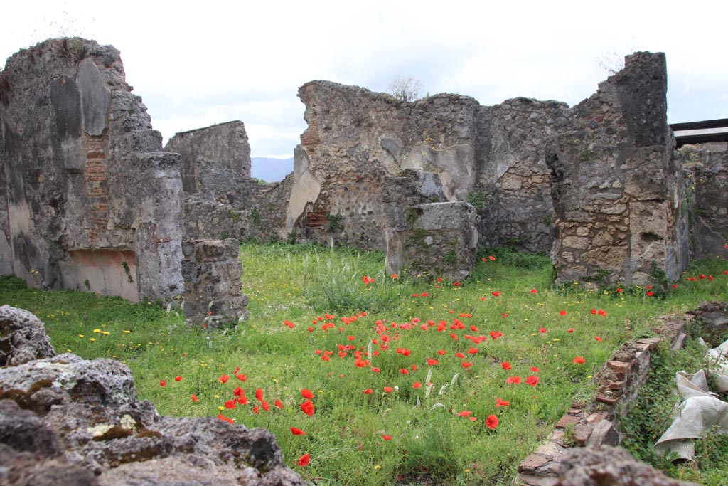 VIII.3.21 Pompeii. May 2024. Looking south-east over wall across room (7) from VIII.3.24.
Triclinium (6) is on the left, doorway to room (4) is in centre, and doorway into room (3) is centre right of photo. 
Photo courtesy of Klaus Heese.