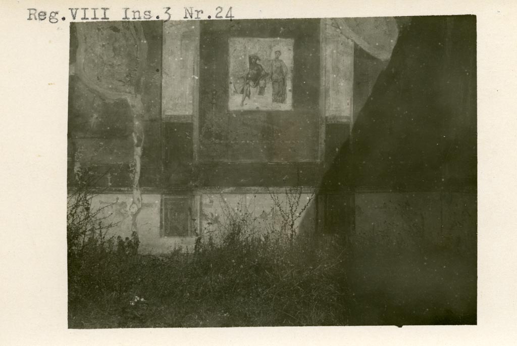 VIII.3.24 Pompeii. Pre-1937-39. Central wall painting on the north wall of triclinium, a room in the south-east corner.
Photo courtesy of American Academy in Rome, Photographic Archive. Warsher collection no. 676.
