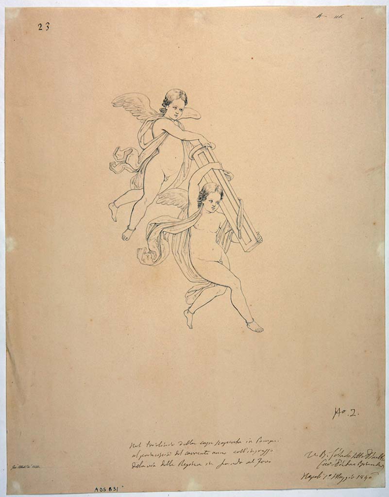 VIII.3.24 Pompeii. Drawing by Giuseppe Abbate, 1840, of painting seen “In the triclinium”. 
The painting showed two cupids carrying an arrow, one of the attributes of Apollo, who is also seen in the central painting of the north wall. 
Although a precise location of the painting is not known, it could be from the left (west side) of the north wall where there is a gap at the centre of the panel.
Now in Naples Archaeological Museum. Inventory number ADS 831.
Photo © ICCD. http://www.catalogo.beniculturali.it
Utilizzabili alle condizioni della licenza Attribuzione - Non commerciale - Condividi allo stesso modo 2.5 Italia (CC BY-NC-SA 2.5 IT)