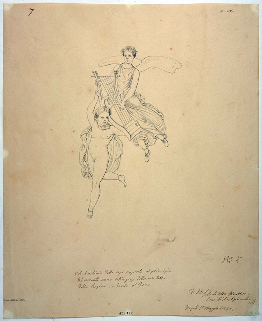 VIII.3.24 Pompeii. Drawing by Giuseppe Abbate, 1840, of painting seen “In the triclinium”.
The painting shows a cupid and a psyche carrying the large lyre of Apollo, this is still just about visible at the east (right) end of the north wall. 
See also Abbate’s drawing of the north wall, where the east end panel with cupid and psyche is drawn.
Now in Naples Archaeological Museum. Inventory number ADS 832.
Photo © ICCD. http://www.catalogo.beniculturali.it
Utilizzabili alle condizioni della licenza Attribuzione - Non commerciale - Condividi allo stesso modo 2.5 Italia (CC BY-NC-SA 2.5 IT)
