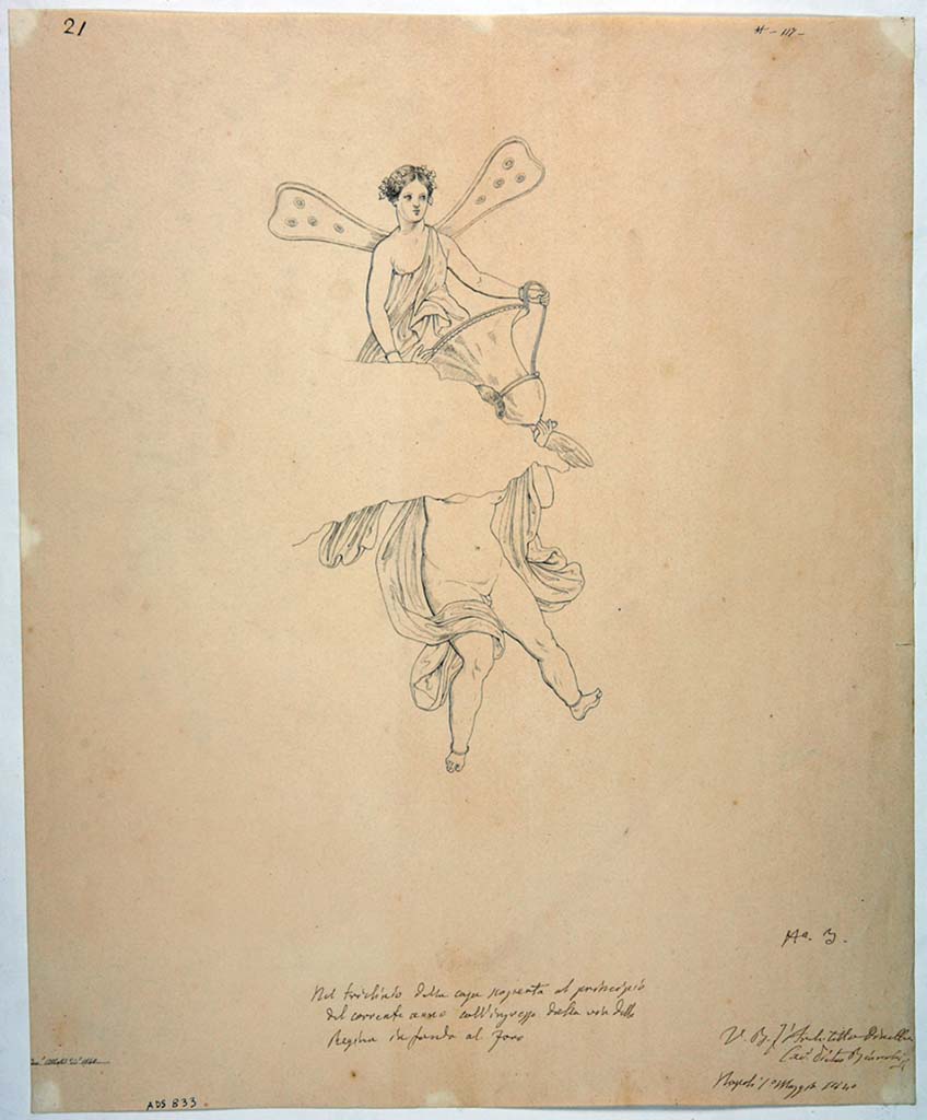VIII.3.24 Pompeii. Drawing by Giuseppe Abbate, 1840, of painting seen “In the triclinium”. 
This showed a cupid and a psyche carrying a large urn and was already damaged when first found.
This was from the south wall of the triclinium, on the left side of the doorway.
Now in Naples Archaeological Museum. Inventory number ADS 833.
Photo © ICCD. http://www.catalogo.beniculturali.it
Utilizzabili alle condizioni della licenza Attribuzione - Non commerciale - Condividi allo stesso modo 2.5 Italia (CC BY-NC-SA 2.5 IT)